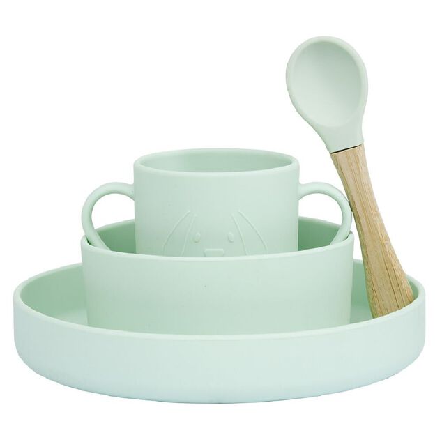 Coffret repas B&eacute;b&eacute; silicone 4 pi&egrave;ces vert et bois