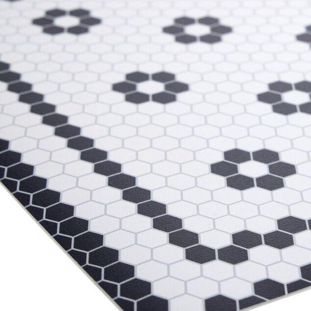 Tapis vinyle rectangulaire motif carreau de ciment fleur blanc et noir 38x60cm