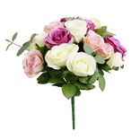 Bouquet fleurs artificielles eucalyptus et roses 24 t&ecirc;tes H33cm