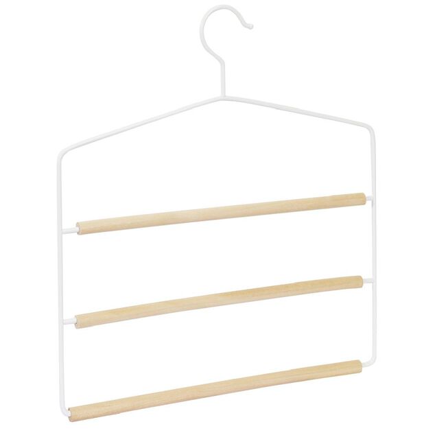 Cintre &agrave; pantalon 3 niveaux bois et acier blanc 35x35cm