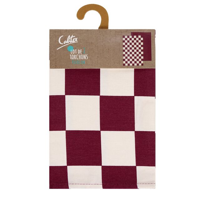 Torchon x2 coton uni et damier rouge prune 45x65cm
