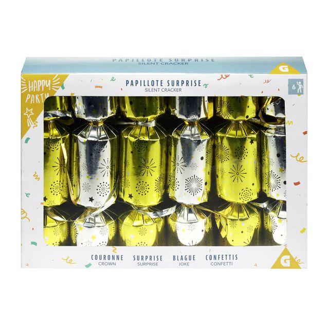 Papillote surprise 6 personnes argenté et doré avec couronne et blague