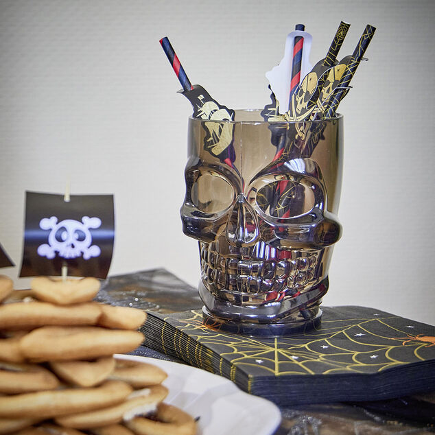 Verre plastique forme t&ecirc;te de mort noir &Oslash;9,5xH12,5cm