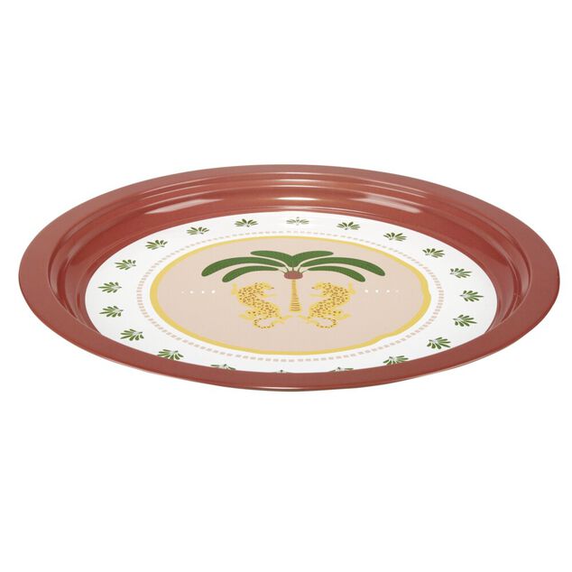 Plateau rond Indie motif palmier m&eacute;tal rose et vert &Oslash;34cm