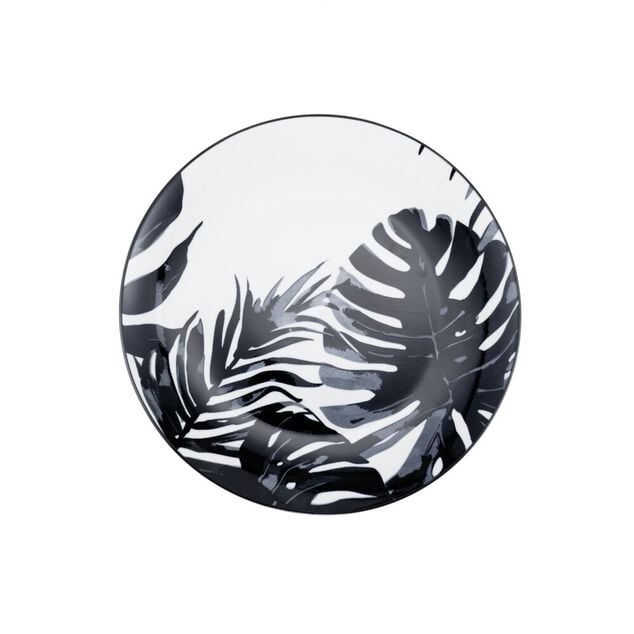 Service &agrave; vaisselle 12 pi&egrave;ces porcelaine motif feuillage tropical noir et blanc