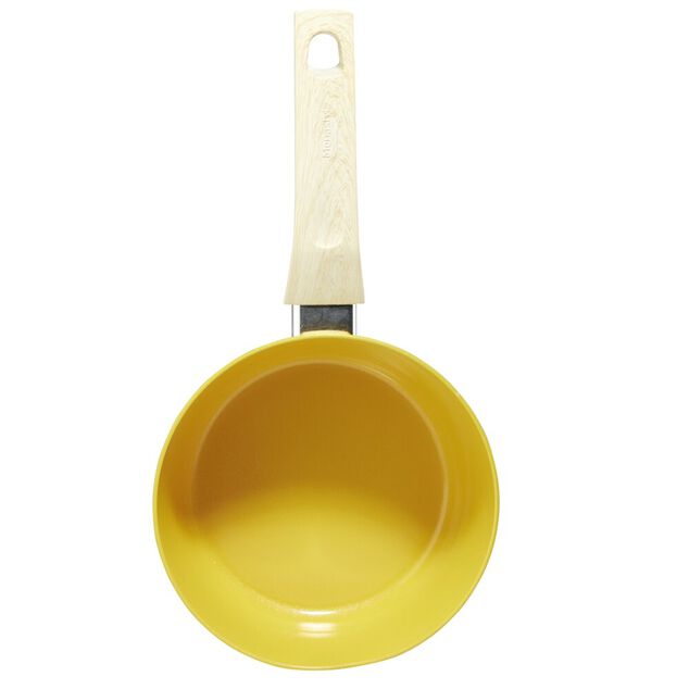 Casserole rev&ecirc;tement c&eacute;ramique jaune poign&eacute;e effet bois &Oslash;18cm
