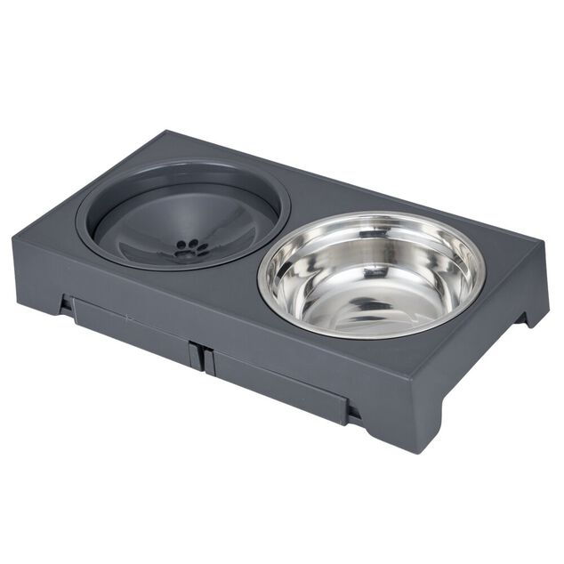 Gamelle double 4 positions inox gris et support plastique noir L42.5cm