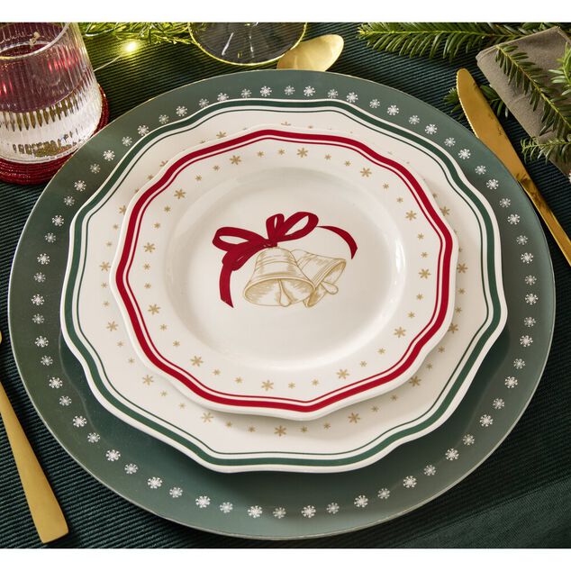 Assiette dessert imprim&eacute; boule de No&euml;l contour vague rouge fa&iuml;ence &Oslash;20 cm