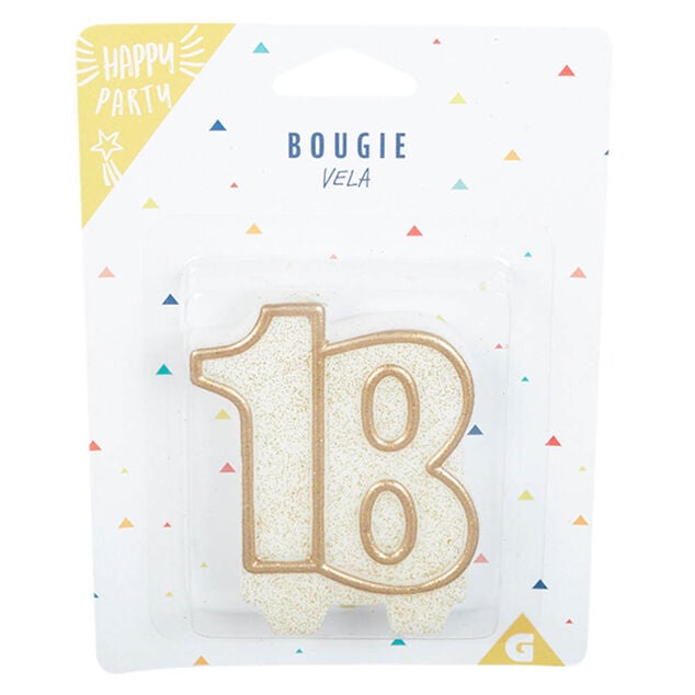 Bougie anniversaire chiffre 18 dor&eacute; paillet&eacute;