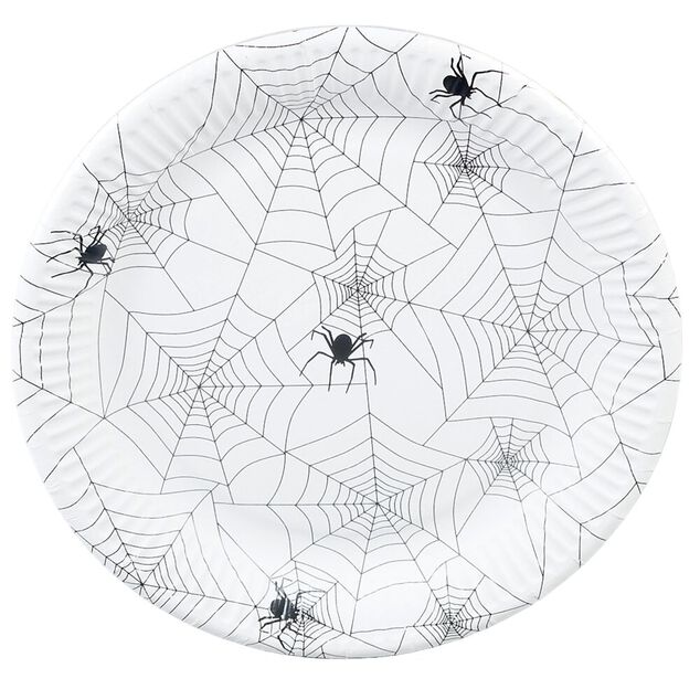 Assiette carton x10 motif Halloween toile d'araign&eacute;e blanc &Oslash;23cm