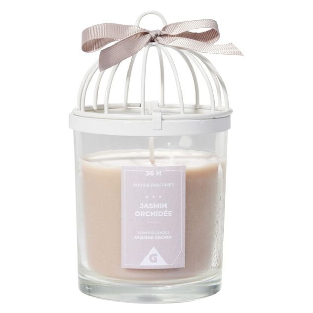 Bougie parfum&eacute;e cage &agrave; oiseau senteur jasmin orchid&eacute;e 36H
