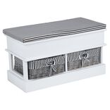 Banc de rangement bois blanc avec 2 pani&egrave;res osier et tissu ray&eacute; noir 70x35xH40cm