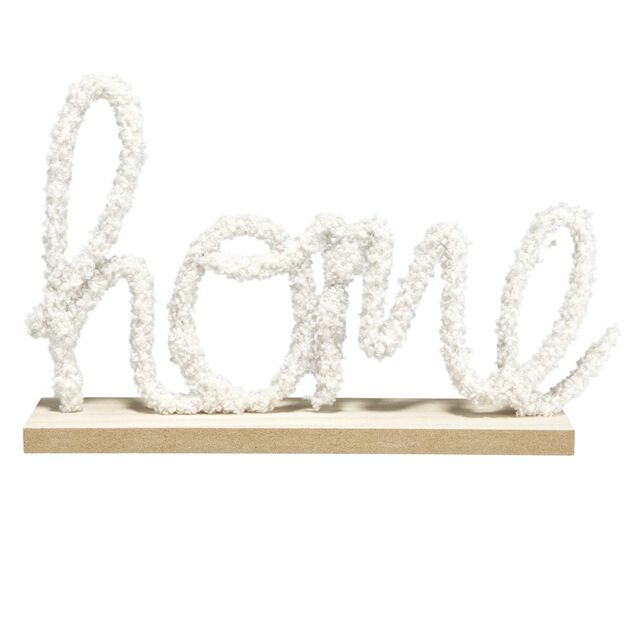 Décoration à poser bois mot en laine bouclée Home Love blanc 26x6xH17cm