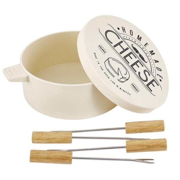 Bo&icirc;te de cuisson pour fromage en c&eacute;ramique avec pics bois et m&eacute;tal