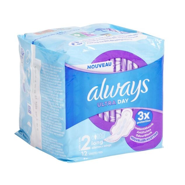 Serviette hygi&eacute;nique x12 longues avec ailettes Always ultra jour