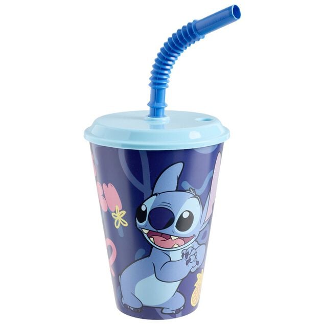 Verre enfant gourde paille Stitch plastique bleu 430ml