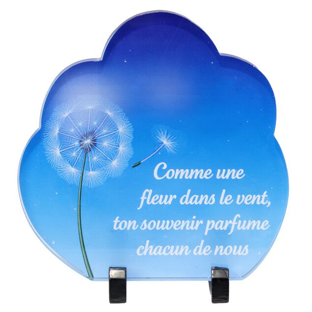 Plaque fun&eacute;raire inscription nuage bleu pissenlit acrylique pied m&eacute;tal 18x8,5xH18,5cm