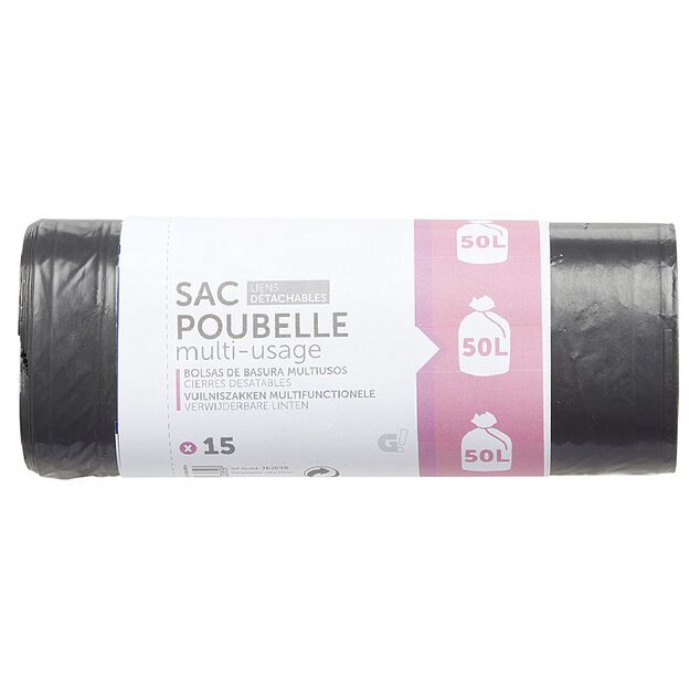 Sac poubelle &agrave; lien 50 litres x15