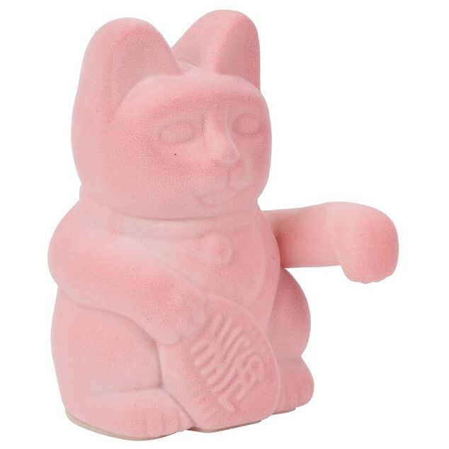 Chat porte-bonheur velours rose 11xH15x9cm