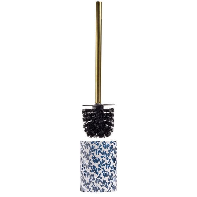 Brosse WC manche dor&eacute; socle gr&egrave;s motif floral bleu et blanc &Oslash;9,2xH36cm