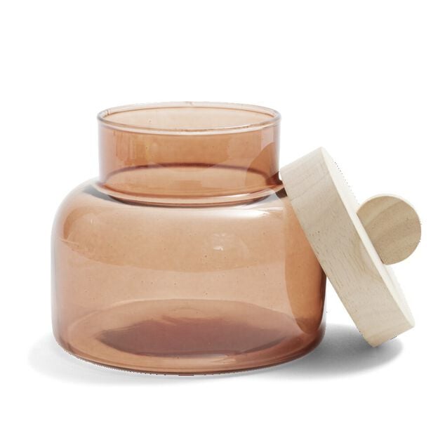 Bo&icirc;te en verre marron + couvercle bois &Oslash;12xH16cm