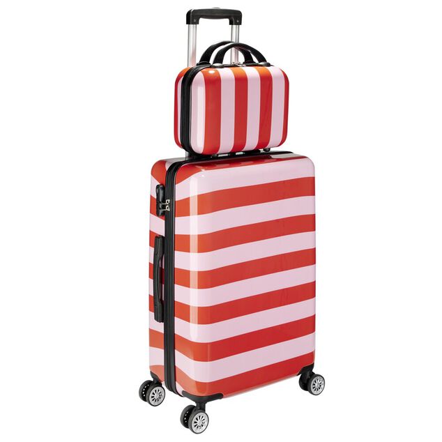 Valise cabine 63L trolley 4 roulettes bayad&egrave;re rayures rouges et roses 45x26xH66,5cm