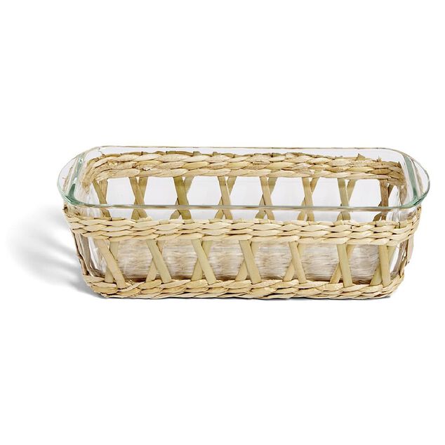 Plat &agrave; four en verre transparent et d&eacute;co raphia beige 28x11,5xH8,5cm