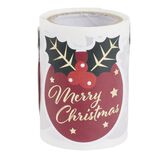 &Eacute;tiquette autocollante No&euml;l x50 houx Merry Christmas rouge th&egrave;me fantasia 5x5cm