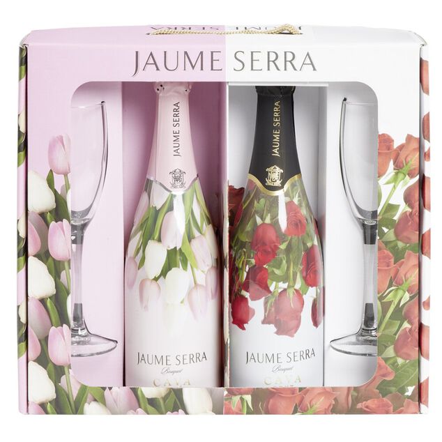 Coffret vin p&eacute;tillant Cava Jaume Serra bouquet 2 bouteilles brut et ros&eacute; avec fl&ucirc;tes 2x75cl