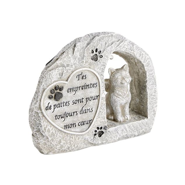 Plaque fun&eacute;raire solaire LED avec chat polyr&eacute;sine gris 15x5xH11,5cm