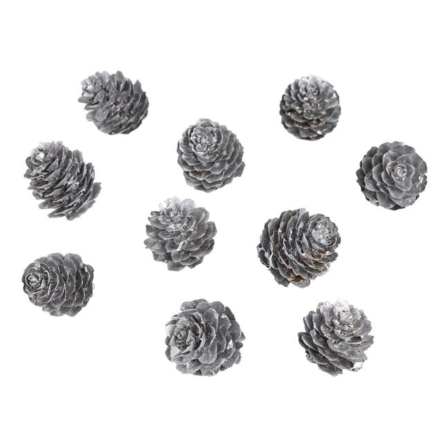 Pomme de pin &agrave; poser effet neige argent&eacute;e x11