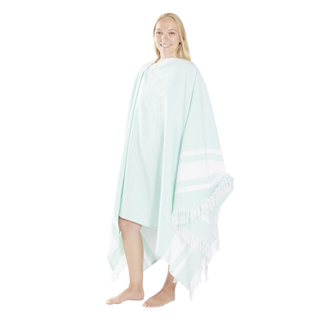 Fouta 2 personnes poncho 2en1 bleu et blanc 190x190cm emplacement parasol
