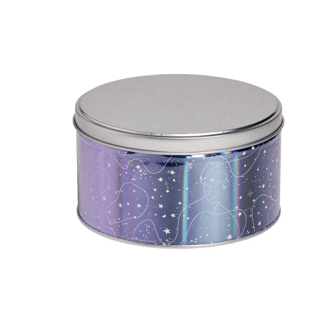 Bo&icirc;te ronde en m&eacute;tal violet iris&eacute; et gris argent&eacute; &Oslash;13,5xH7cm