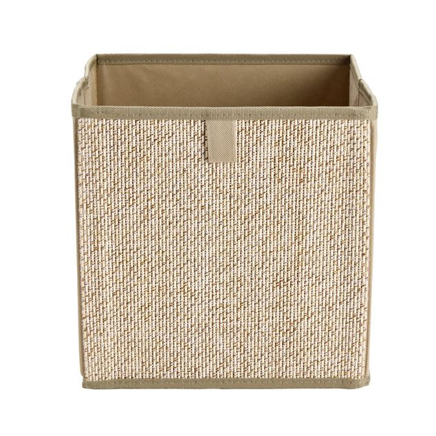 Panier de rangement carr&eacute; intiss&eacute; et bambou beige 27x27x27cm