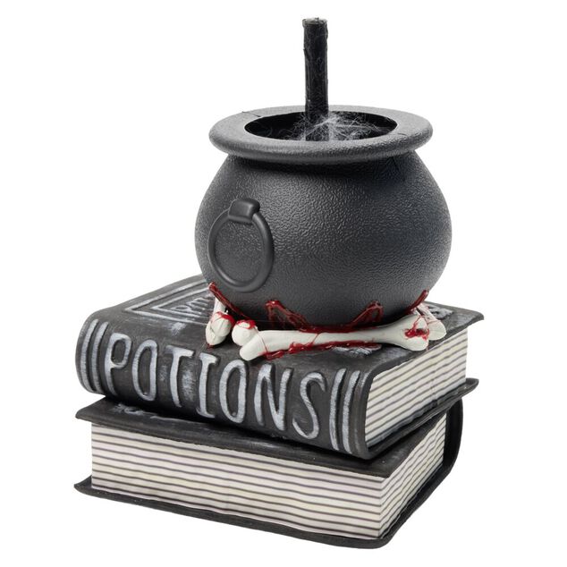 Livre potions chaudron de sorci&egrave;re sonore et anim&eacute; plastique noir 20x17xH28cm