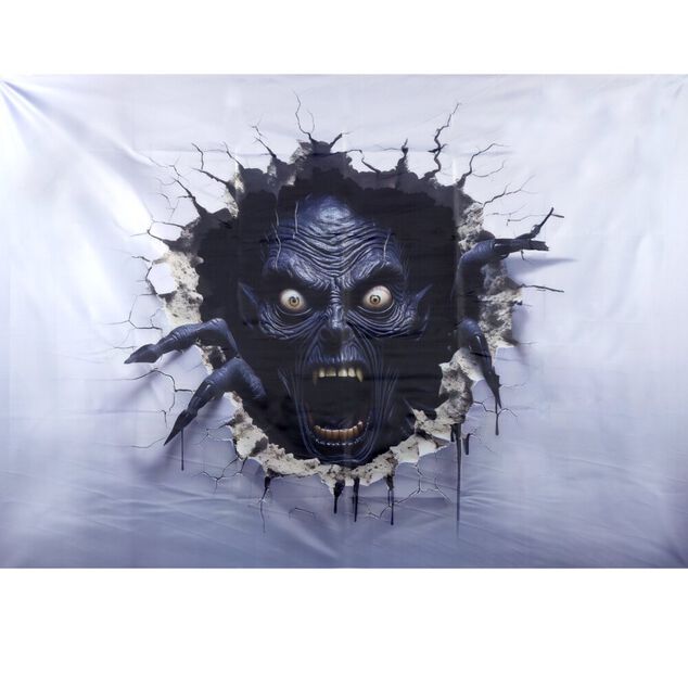 D&eacute;coration murale Halloween toile souple effet d'optique t&ecirc;te de zombie 150x210cm