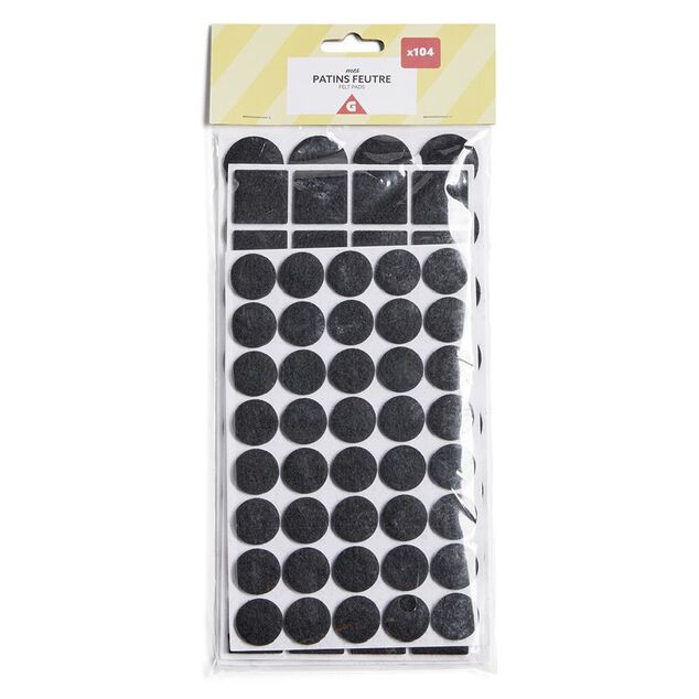 Lot de 104 patins en feutre noir - 3 tailles