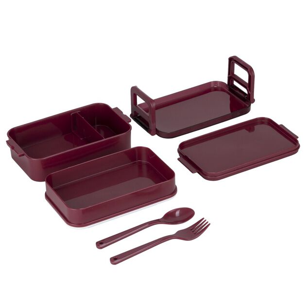 Bo&icirc;te d&eacute;jeuner rectangulaire plastique 2 niveaux et couverts 18x10xH8,5cm (2 mod&egrave;les)