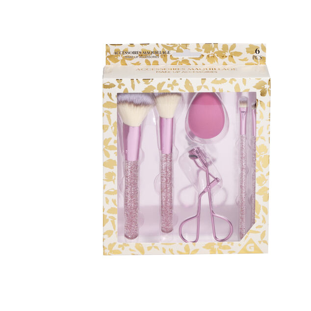Kit accessoires maquillage 6 pi&egrave;ces beige ou rose - 2 coloris