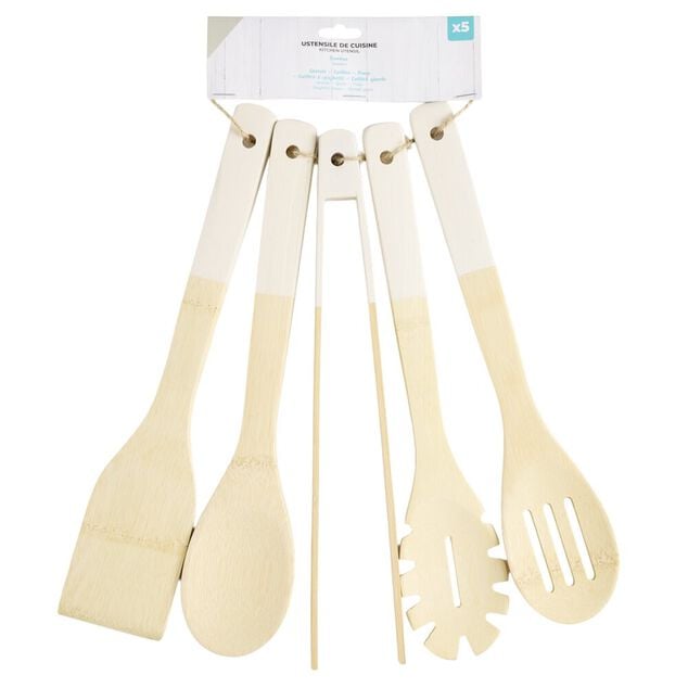 Ustensile de cuisine x5 bambou naturel et blanc L32cm