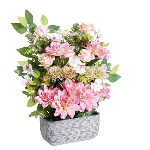 Composition florale artificielle multifleurs roses jardini&egrave;re ciment L50xH60cm