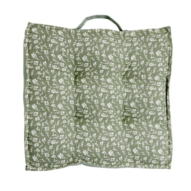 Coussin de sol carr&eacute; vert sapin motif floral blanc 40x40cm
