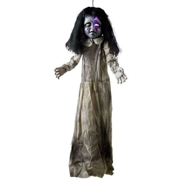 Petite fille t&ecirc;te craqu&eacute;e Halloween anim&eacute; lumineux sonore &agrave; suspendre