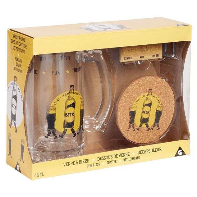 Coffret bière 3 pièces verre décapsuleur et sous-verre - 2 modèles