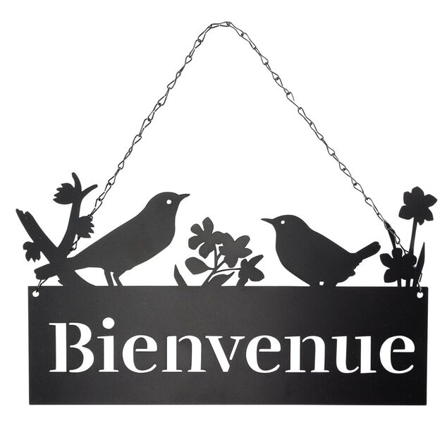 D&eacute;coration ext&eacute;rieure &agrave; suspendre BIENVENUE ajour&eacute;e m&eacute;tal noir L35xH19,5cm