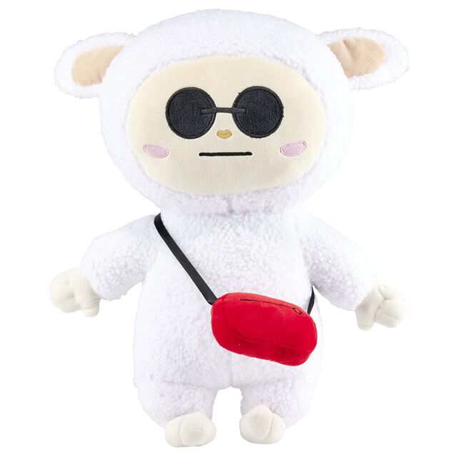 Peluche Gromimis blanche avec lunettes et sac rouge H40cm