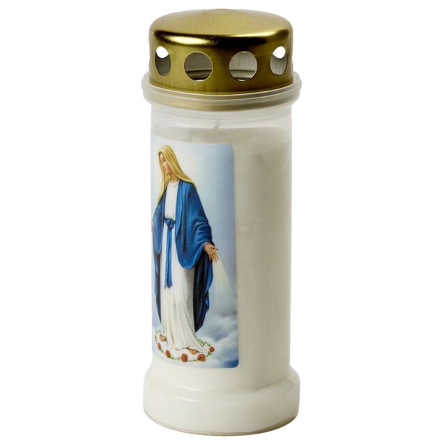 Bougie religieuse cire Vierge Marie plastique blanc &Oslash;6,5xH17cm