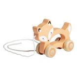 Animal &agrave; roulettes renard en bois orange H12cm