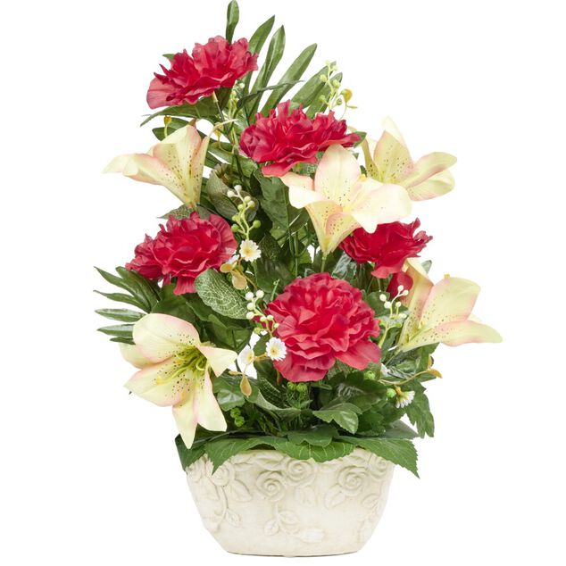 Composition florale jardini&egrave;re pivoine lys et mini fleurs avec ciment 42xH52cm (3 mod&egrave;les)