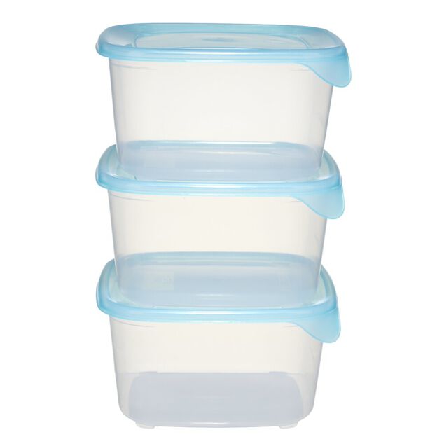 Bo&icirc;te alimentaire 1,2L x3 Fresh Go carr&eacute; plastique transparent et bleu 15,5x15,5cm
